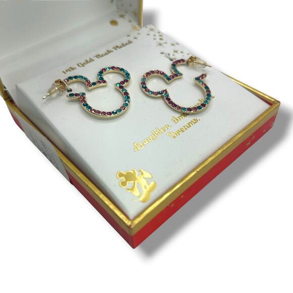 NEW Disney Multi Color Crystal Mickey Mouse Earrings 14K Gold Plated Pink Blue - Picture 5 of 14